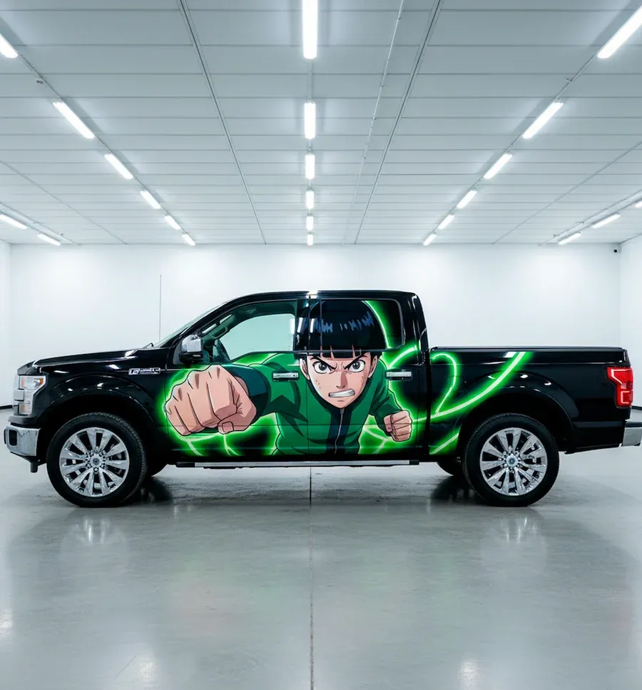 Custom anime pickup truck wrap designed and installed in Maryland