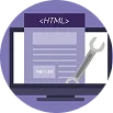 Ilustración de plano web con etiquetas HTML y organización de páginas.