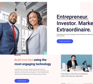 Mockup de sitio web corporativo con portada de emprendedores y secciones de confianza.