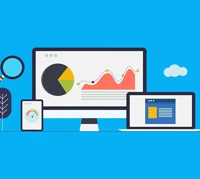Ilustración de dashboards en desktop, tablet y móvil con gráficas de rendimiento.