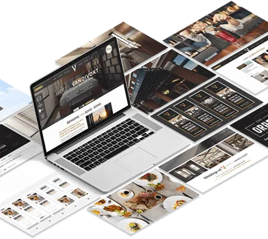 Mockup de website premium con layout editorial y múltiples vistas en laptop y tablet.