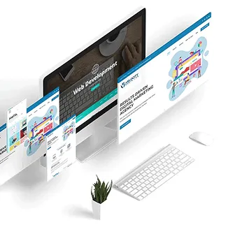 Vista isométrica de un sitio web multipágina con diferentes secciones en pantallas flotantes.
