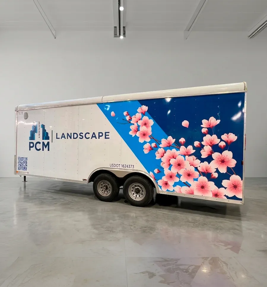 Custom landscape trailer wrap for PCM Landscape in Maryland