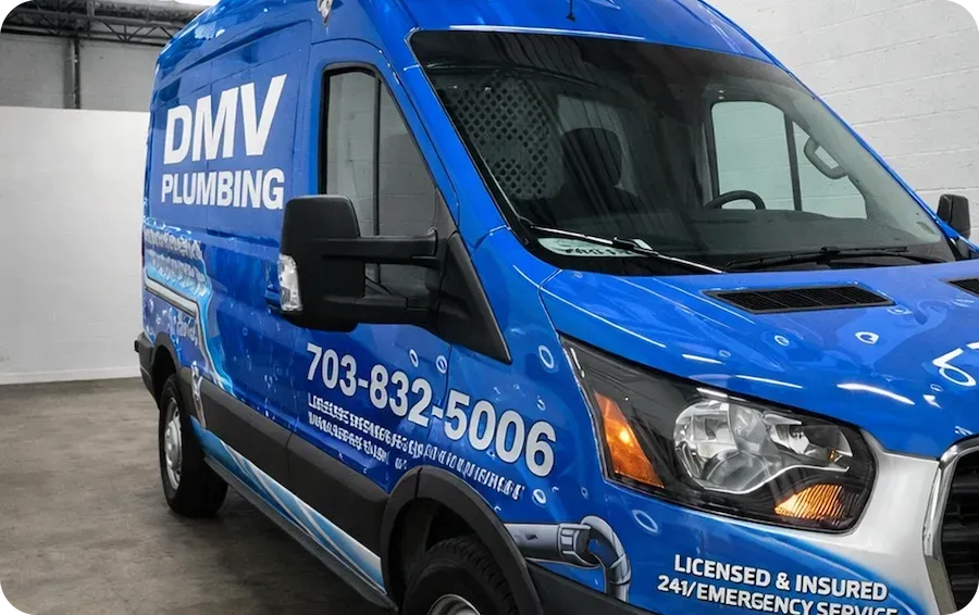 Full Ford Transit 250 vehicle wrap for DMV Plumbing in Montgomery County, Maryland