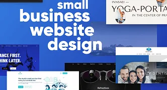 Collage de diseños web pequeños para pequeñas empresas en azul.