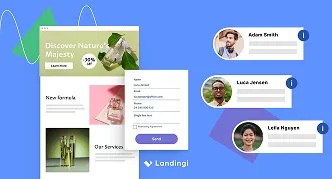 Mockup azul con tarjetas de perfil y formulario de landing page.