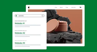 Mockup de sitio web minimalista con tarjetas de proyectos en fondo verde.