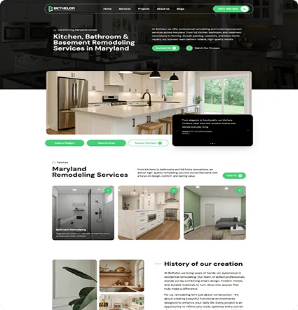 Mockup de sitio web de remodelación en Maryland con portafolio de cocinas y baños.