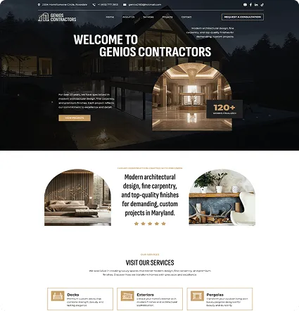 Mockup de website arquitectónico oscuro para Genios Contractors con hero nocturno y servicios.