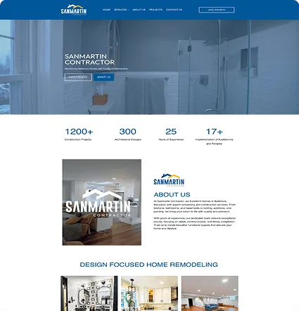 Mockup de landing page de construcción Sanmartin con métricas y sección sobre nosotros.