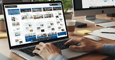 Laptop con prototipos UI en pantalla y workspace de diseñador con monitor adicional.
