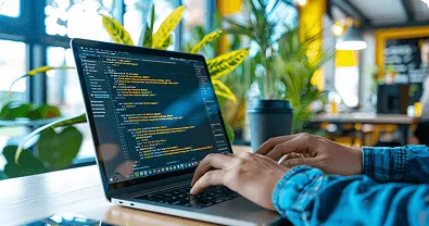Programadora trabajando en laptop con código en pantalla en un escritorio moderno.