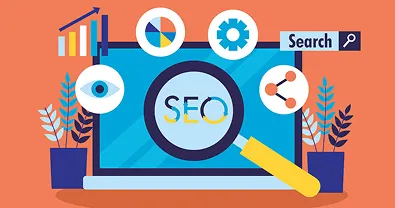 Ilustración de SEO con gráficos, lupa y elementos de búsqueda.