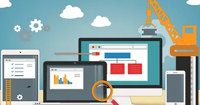 Ilustración de mantenimiento web con múltiples pantallas y engranajes.