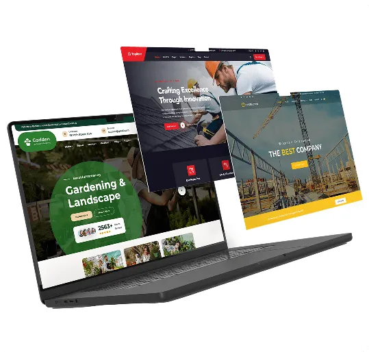 Mockup de laptop con sitios web de servicios profesionales y construcción en pantalla.