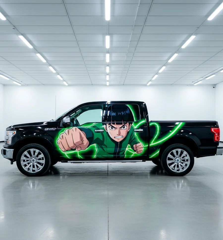 Custom anime pickup truck wrap designed and installed in Maryland