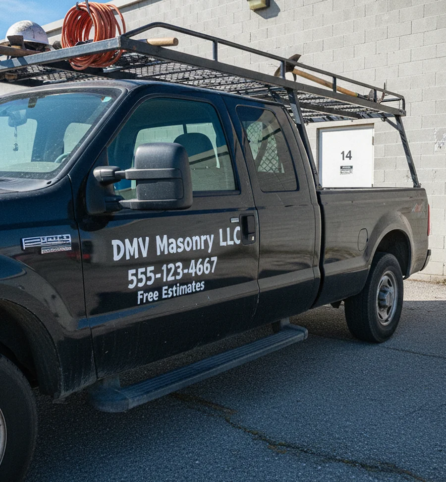 Commercial work truck lettering for DMV Masonry LLC in Maryland