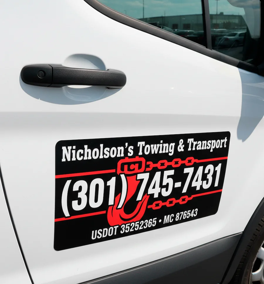 Commercial towing company vehicle magnet in Maryland